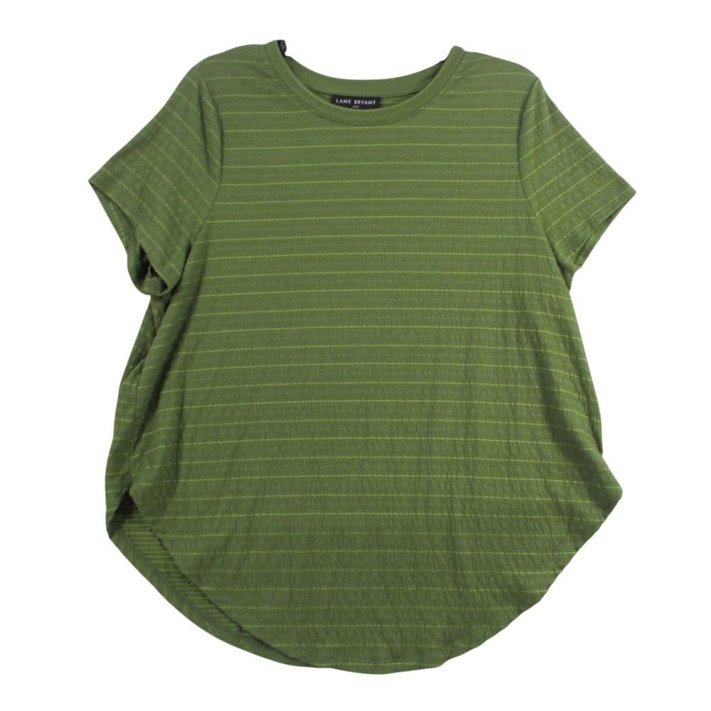 Lane Bryant Olive Green Striped Short Sleeve Top Curved Hem Plus Size 14/16